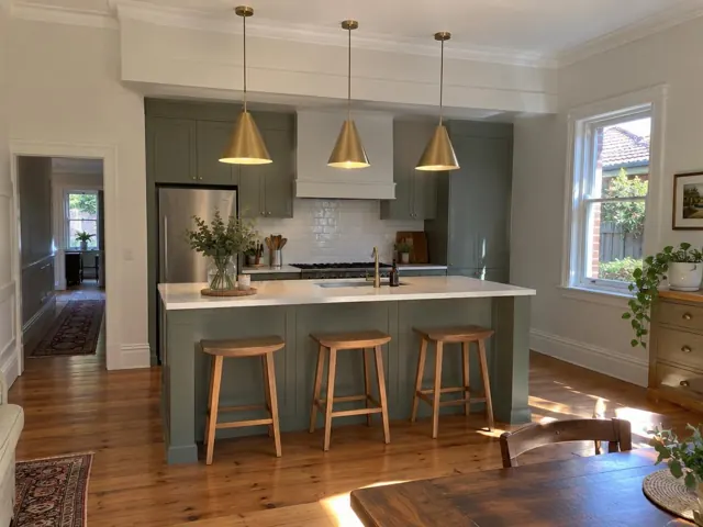 Three pendant lights above a kitchen island in a renovated home with timber floors and green cabinets in Holmesville
